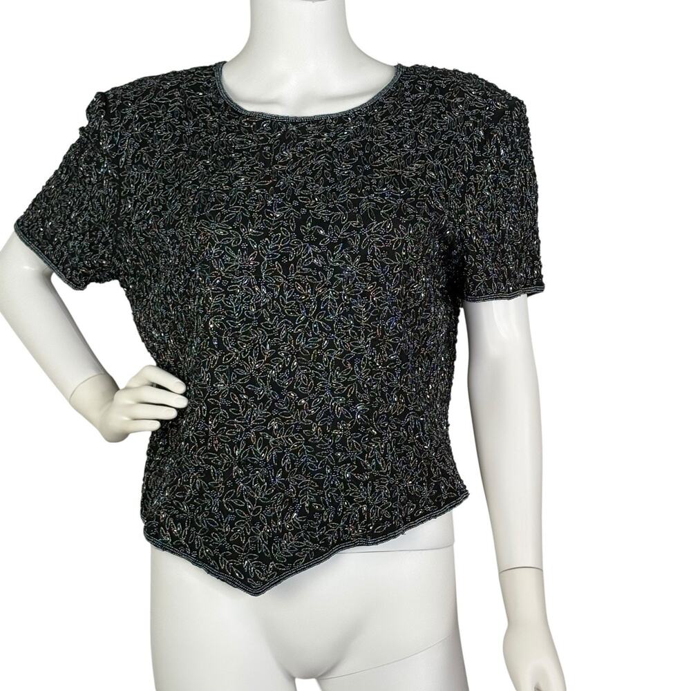 Vintage 80s Adrianna Papell Evening Black Silk Beaded Short Sleeve Top XL